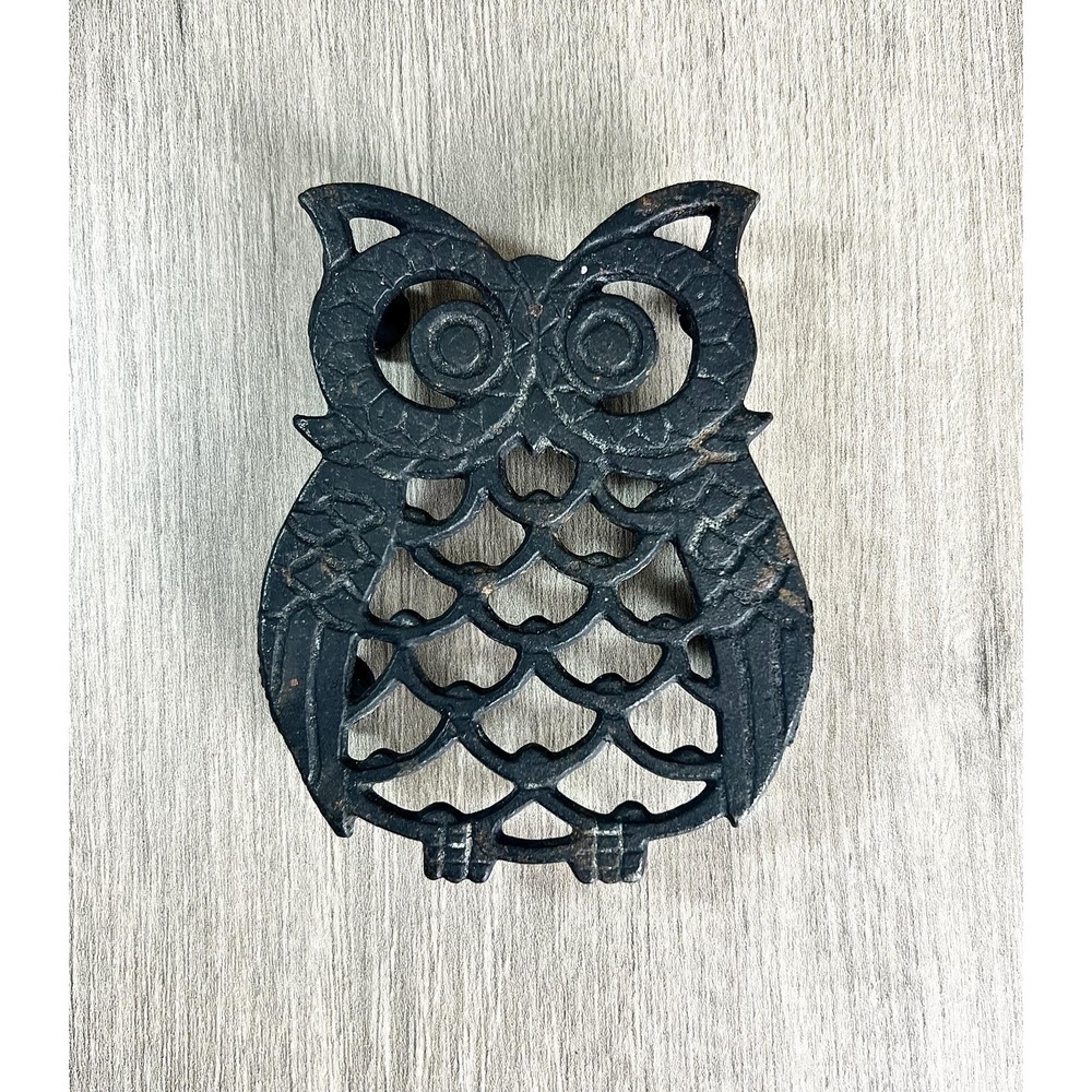 Vintage Black Cast Iron Owl Trivet Taiwan Retro Boho